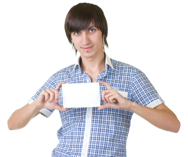 Casual jongeman houden witte bord — Stockfoto