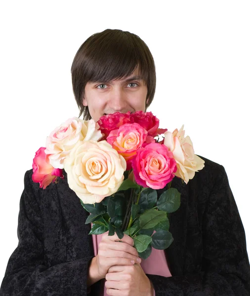 Valentines Man with flowers isolated — Stock Photo, Image