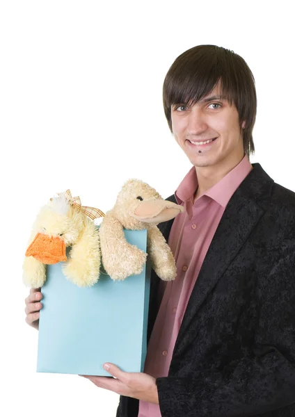 Young man with teddy duck for valentines day — Stock Photo, Image
