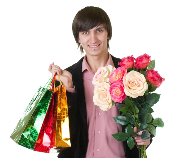 Valentines Man with flowers isolated — Stock Photo, Image
