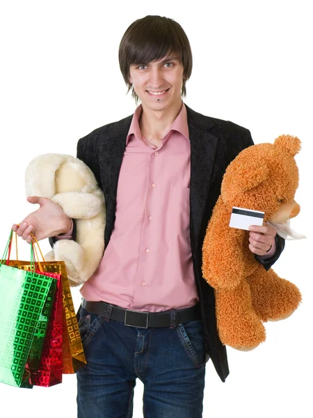 Man with flowers and gifts for valentines day — Stock Photo, Image