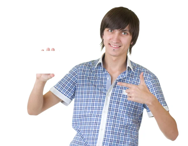 Smiling young man holding sign to write it on your text — Stock Photo, Image