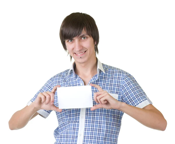 Smiling young man holding sign to write it on your text — Stock Photo, Image
