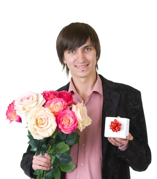 Valentines Homme avec des fleurs et un cadeau — Photo