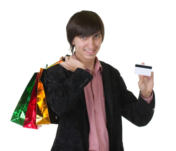 Hombre con flores y tarjeta de crédito — Foto de Stock