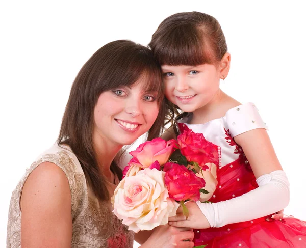 母亲与女儿与粉红玫瑰 — 图库照片