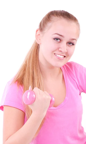 Usměvavá dívka s činkami v tělocvičně — Stock fotografie