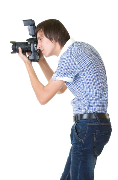 Homem fotógrafo fazendo fotos por câmera digital — Fotografia de Stock