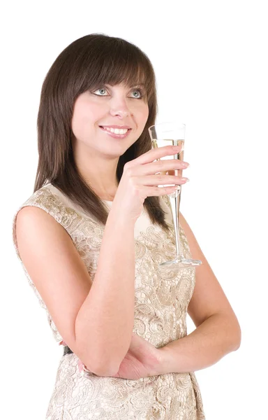 Sexy jeune femme en robe avec verre de champagne — Photo