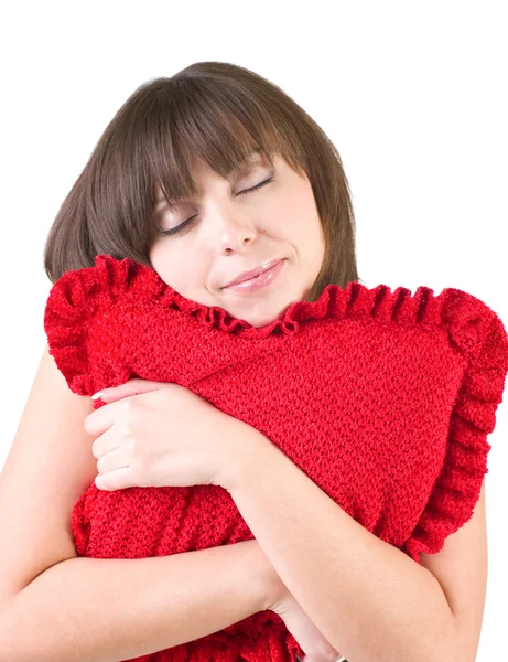 stock image Woman in happy morning with red pillow