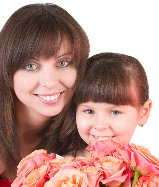 Mãe com filha com rosas rosa — Fotografia de Stock