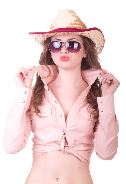 Bella ragazza con cappello da cowboy su sfondo bianco — Foto Stock