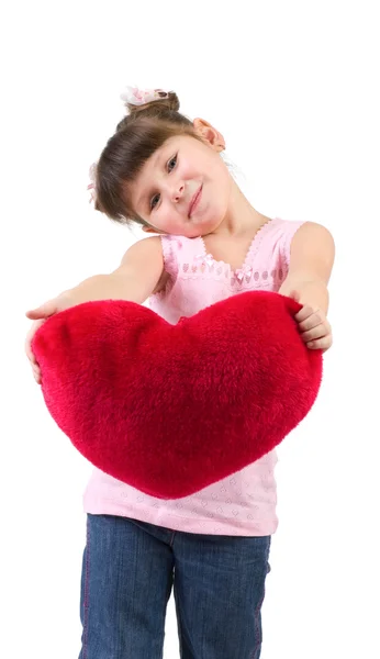 Menina feliz com coração vermelho isolado no branco — Fotografia de Stock