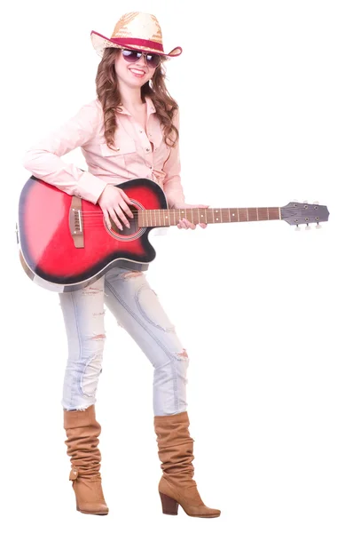 Söt flicka med cowboy hatt och gitarr — Stockfoto