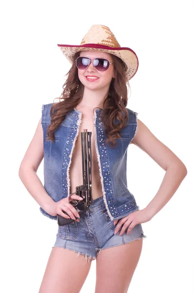 Linda chica con sombrero de vaquero con revólver — Foto de Stock