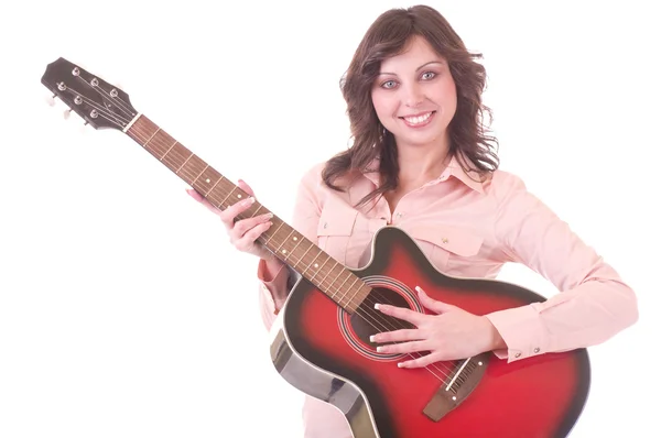 Beautiful girl with red guitar — Stock Photo, Image