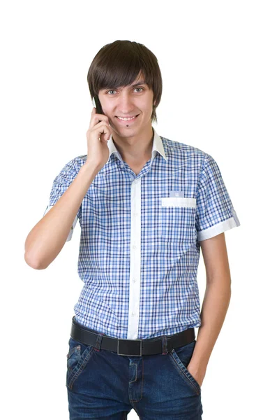 Homem feliz atender o telefone contra — Fotografia de Stock