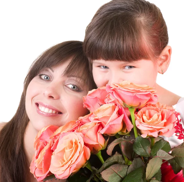 Anne ile kızı ile pembe güller — Stok fotoğraf