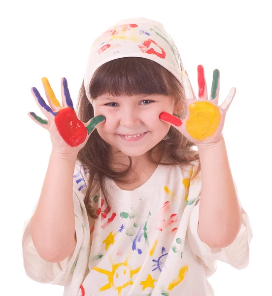 Menina bonita com as mãos na pintura a cores — Fotografia de Stock