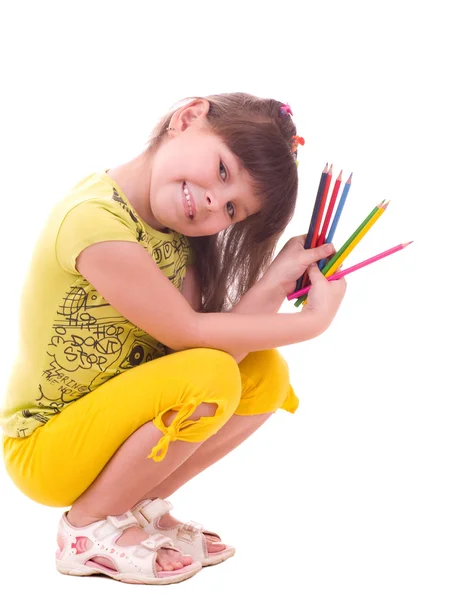 컬러 연필 아름 다운 작은 소녀 — 스톡 사진