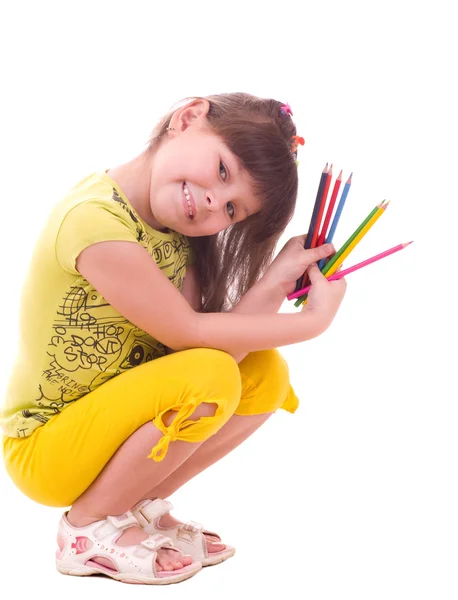 Beautiful little girl with color pencils — Stock Photo, Image