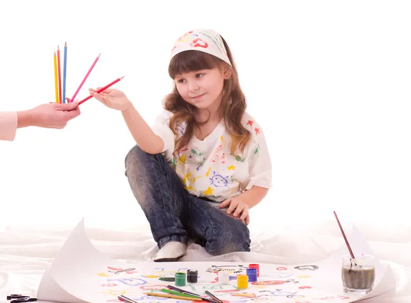 Beautiful little girl with color pencils — Stock Photo, Image