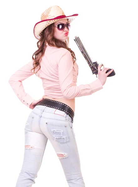 Menina bonita com chapéu de cowboy com revólver — Fotografia de Stock
