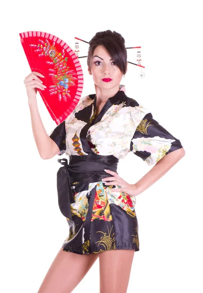 赤のアジア ファンとアジアの衣装の女性 — ストック写真