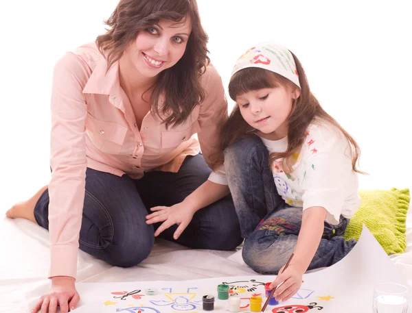 Mother and her little daughter with color paint — Stock Photo, Image