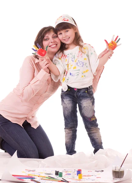 Mutter und ihre kleine Tochter mit Farbfarbe — Stockfoto