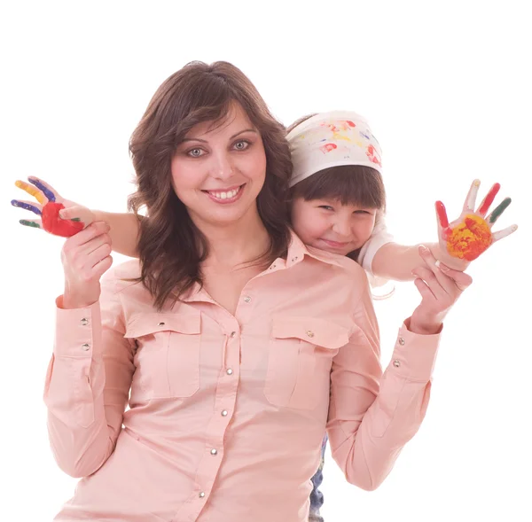 Mãe e sua filhinha com tinta colorida — Fotografia de Stock