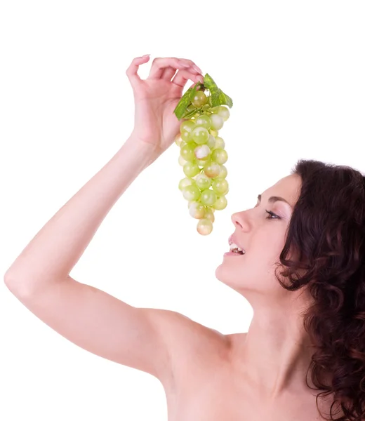 Piękna młoda kobieta z zielonych winogron — Zdjęcie stockowe