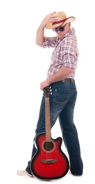 Szép ember cowboy kalapban, gitár — Stock Fotó