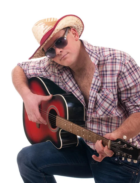 Pretty man with cowboy hat with guitar — Stock Photo, Image