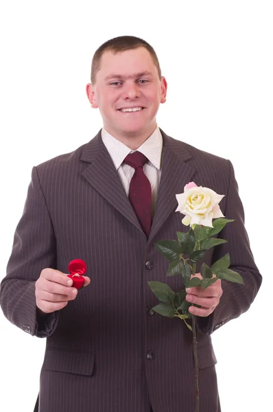 San Valentino Uomo con fiori e regalo — Foto Stock
