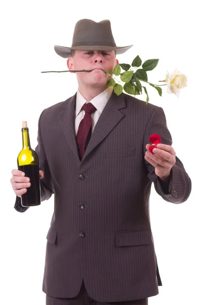 Valentines Man with flowers and gift — Stock Photo, Image