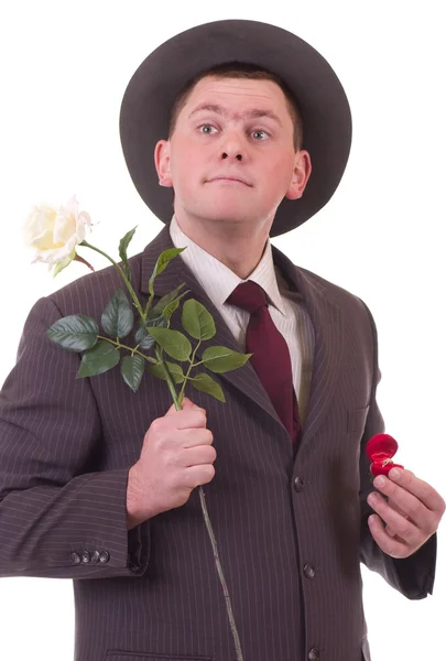 Valentines Man with flowers and gift — Stock Photo, Image