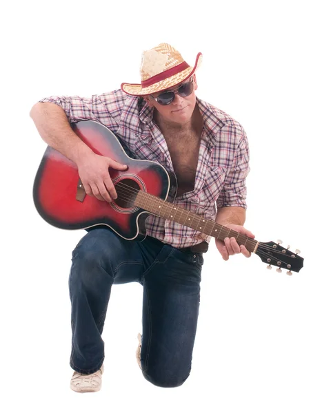 Güzel gitar kovboy şapkalı adamla — Stok fotoğraf
