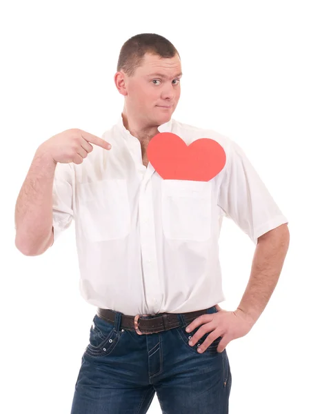 Jovem homem segurando coração vermelho — Fotografia de Stock