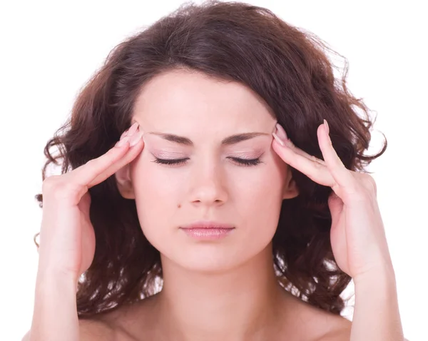 Menina com terrível dor de cabeça segurando a cabeça na dor — Fotografia de Stock