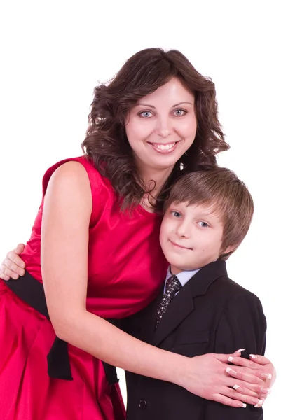 Little schoolboy with mother isolated — Stock Photo, Image