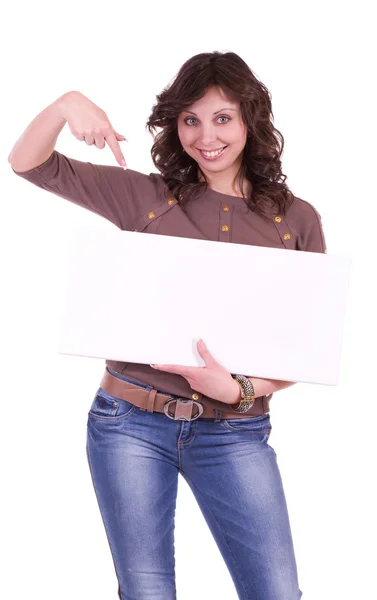 Woman with banner add — Stock Photo, Image
