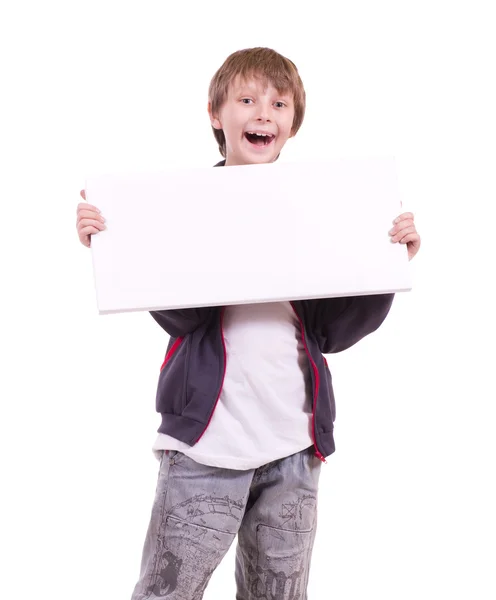 Little beautiful boy with banner add — Stock Photo, Image