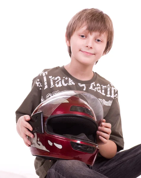 Little beautiful boy with motorcycle helmet — Stock Photo, Image