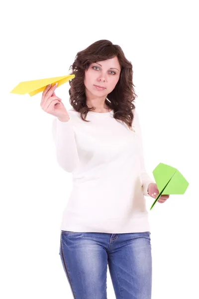 Beautiful young woman with paper airplanes — Stock Photo, Image