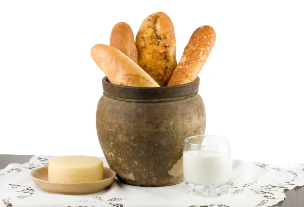 Beautiful bread set with milk and cheese — Stock Photo, Image