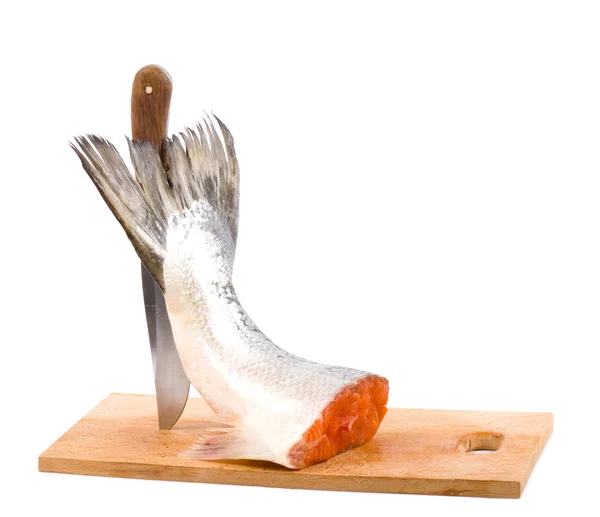 Kus lososa a nůž — Stock fotografie