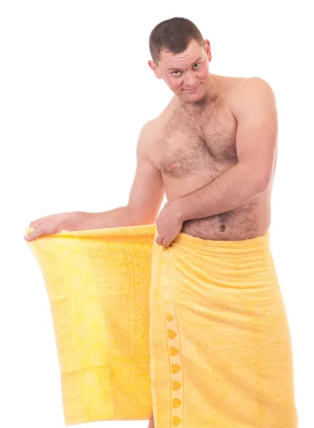 Szép sportos férfi sárga törülközőt — Stock Fotó
