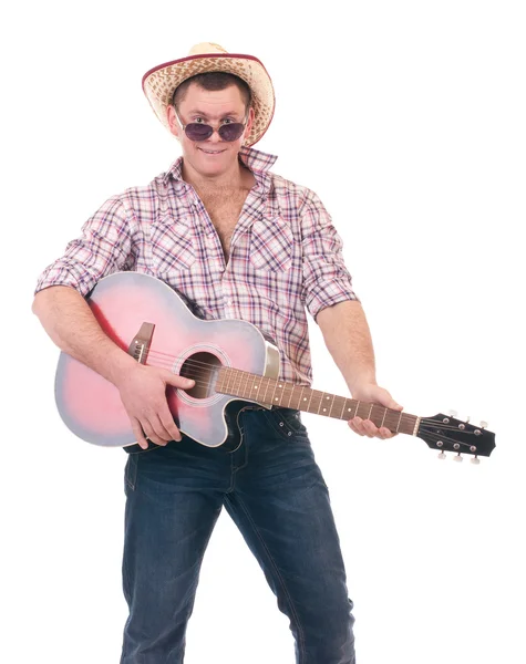 Pretty man with cowboy hat and guitar — Stock Photo, Image