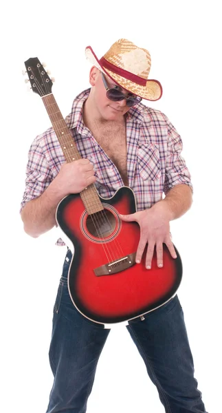 Homem bonito com chapéu de cowboy e guitarra — Fotografia de Stock